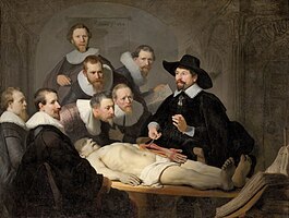 A painting of an autopsy, by Rembrandt, entitled "The Anatomy Lesson of Dr. Nicolaes Tulp"