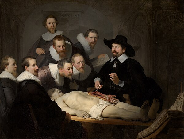 The Anatomy Lesson of Dr. Nicolaes Tulp by Rembrandt shows an anatomy lesson taking place in Amsterdam in 1632, the year the university was founded. N