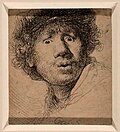 Thumbnail for File:Rembrandt van rijn, autoritratto con berretto e occhi spalancati, 1630, acquaforte e puntasecca, II stato (gdsu).jpg