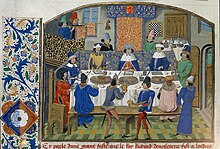 King Richard II dines with the Dukes of York, Gloucester and Ireland. (late 15th century miniature) Richard II dines with dukes - Chronique d' Angleterre (Volume III) (late 15th C), f.265v - BL Royal MS 14 E IV.jpg