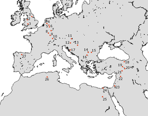 Position of Roman legions in 80. X Gemina was in Nijmegen (mark 4), with XXII Primigenia. Roman Legions camps - AD 80.png