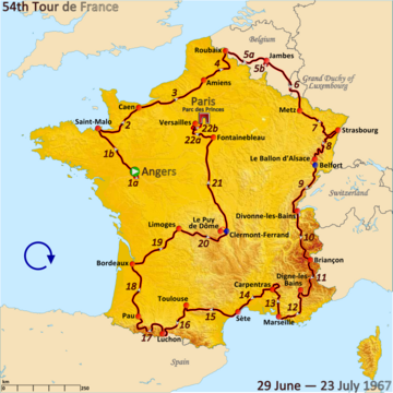 Route of the 1967 Tour de France