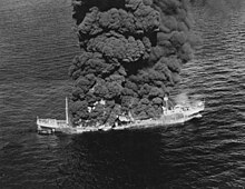 The Potrero del Llano after being torpedoed by submarine U-564. This incident caused Mexico to abandon neutrality to enter the war. SS Potrero Del Llano burns after being torpedoed.jpg