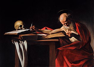 Schilderen.  Een oude man in de rode toga schrijft in een donkere cel.