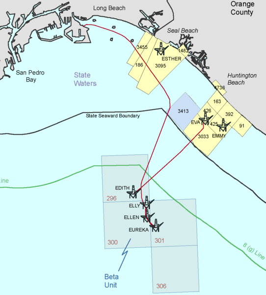 File:San Pedro Bay Outer Continental Shelf Operations Map, 2012 - producing platforms as of 2012 are Edith, Elly, Ellen, Eureka (federal leases) and Ester, Emmy, Eva (state leases) (cropped).png