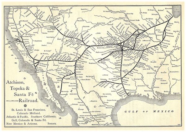 An Atchison, Topeka & Santa Fe Railway route map from 1891 issue of Grain Dealers and Shippers Gazetteer.