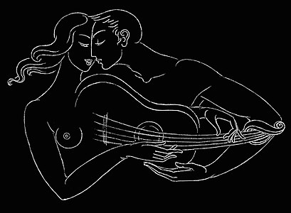 White-on-black drawing of a couple seranading each other