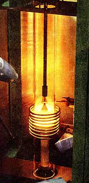 Keeping silicon in crucible molten at 2,650 degF (1,450 degC) for Czochralski crystal growth, 1956. Silicon grown by Czochralski process 1956 closeup.jpg