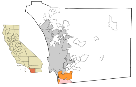 South Bay communities of San Diego County. The cities and towns of National City, Chula Vista, and Imperial Beach are in dark orange. The unincorporated community of Bonita is in light orange. San Ysidro and Otay Mesa, neighborhoods of the city of San Diego, are in pink.