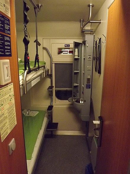 Standard cabin in an overnight train; bunks and sink cupboard