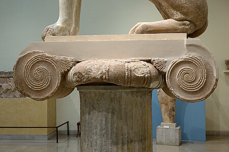 Ancient Greek Archaic Ionic capital of the Sphinx of Naxos, c.560 BC, Naxian marble, Delphi Archaeological Museum, Delphi, Greece[17]