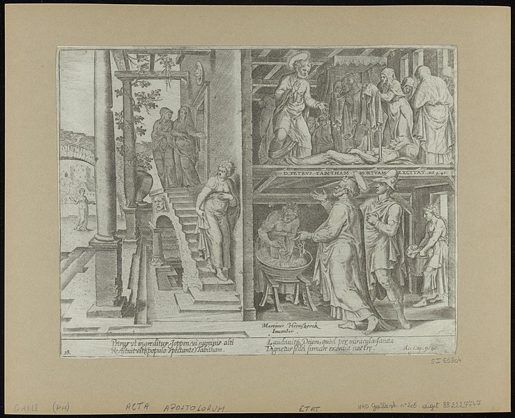 File:St Peter Raising Tabitha at Joppa 1575 print by Maarten van Heemskerck, S.I 55804, Prints Department, Royal Library of Belgium.jpg