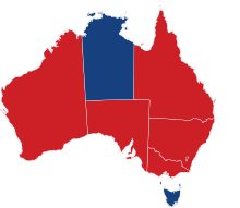 Map showing the jurisdictions of Australia and their governing political parties as of April 2024.
.mw-parser-output .legend{page-break-inside:avoid;break-inside:avoid-column}.mw-parser-output .legend-color{display:inline-block;min-width:1.25em;height:1.25em;line-height:1.25;margin:1px 0;text-align:center;border:1px solid black;background-color:transparent;color:black}.mw-parser-output .legend-text{}
Labor
Liberal States of Australia (governing political parties).svg