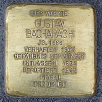 Stumbling stone for Gustav Bacharach (1886) in Memmingen.jpg