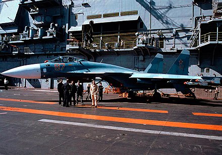 Russian fighter Su-27K (later renamed to Su-33) on the deck of Admiral Kuznetsov