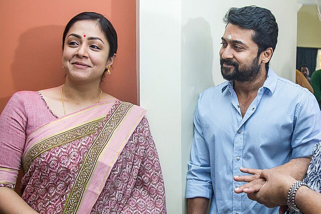 Jyothika with her husband Suriya at the launch of her film Kaatrin Mozhi (2018)