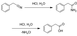 Synthesis of phenylacetic acid from benzyl cyanide.png
