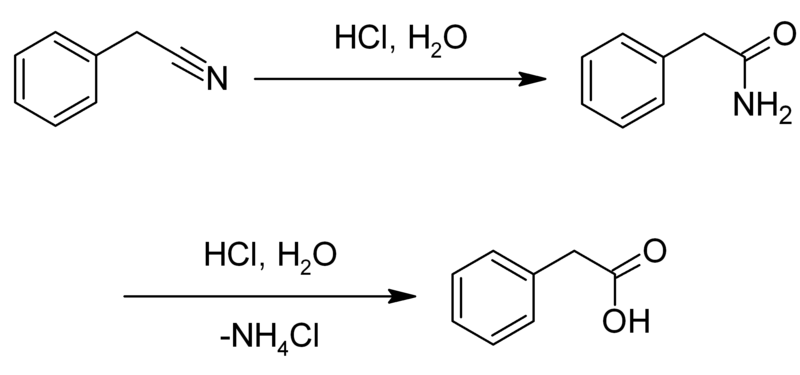 File:Synthesis of phenylacetic acid from benzyl cyanide.png