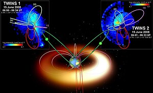 Launched in 2008, NASA TWINS currently uses ENA detectors on twin satellites to produce 3-D images of Earth's Magnetosphere TWINS-FirstLight-v3 800.jpg