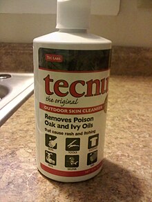 A bottle of Tecnu, a cleanser which prevents the oils which cause poison oak rash from bonding to the skin. Tecnu 12 oz bottle.jpg