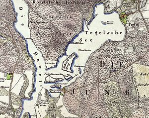 Karte des Tegeler Sees von 1842, mit Lindwerder unmittelbar nördlich der Insel Scharfenberg