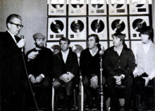 The Beach Boys accepting a gold record sales certification for "Good Vibrations" at the Capitol Tower, late 1966. The Beach Boys September 16 1967 Billboard.png