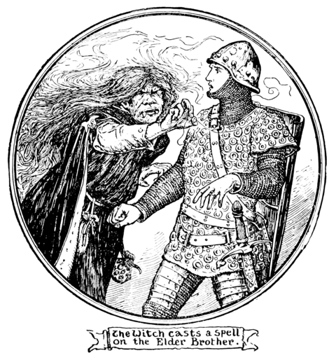 black and white illustration of an old woman with long flowing hair reaching out to put a hair that she has plucked over the shoulder of a young man in armor who looks alarmed. The old woman has a deeply wrinkled brow with small shadowed eyes, and a wide mouth with two blunt protruding fangs. She wears a black cloak with a buckle with a face on it and a black dress with a belt with pouches hanging from it, one plain and one something like leopard-print. The man wears mail on his head and body to down to his wrists and up covering his chin. Over it he wears a small slightly pointed helmet with studs, banded leg plates, and a short over-tunic with rings sewn to it and short flowing sleeves. He has several belts strapped around and across him, one of which his sword is strapped to. The illustration is circle-shaped and there is no background but a bit of shadow.