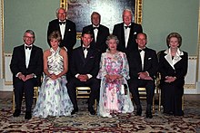 Major and his predecessors Margaret Thatcher, James Callaghan, Harold Wilson, and Edward Heath with The Queen and The Prince and Princess of Wales, July 1992 The Queen and her Prime Ministers 27 July 1992 (7139078251).jpg