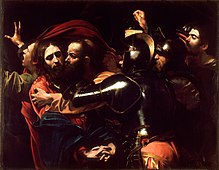 A depiction of the kiss of Judas and arrest of Jesus, by Caravaggio, c. 1602 The Taking of Christ-Caravaggio (c.1602).jpg