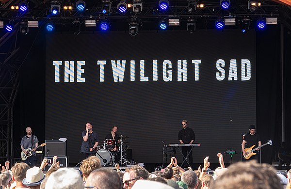 The Twilight Sad performing live at Hyde Park, London in 2018. Left to right: MacFarlane, Graham, Schultz, Smith and Docherty.