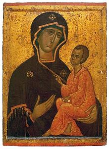 The Theotokos of Tikhvin of c. 1300, an example of the Hodegetria type of Madonna and Child. Tikhvinskaya.jpg