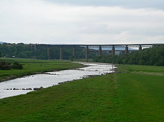 The Findhorn with the bridges of the Highland Main Line and the A9, east of Tomatin