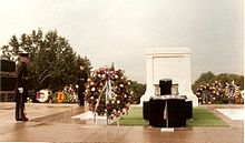 The Tomb guards stood at death watch for the entire day as thousands of people braved the dreary weather to pay their respects to the Vietnam Unknown in May 1984. Tomb vietnam deathwatch.jpg