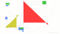 互いに相似となる三辺の長さが整数の直角三角形の生成例。青の長方形の各辺の長さを整数とすれば、その長辺と短辺の和と差で辺が構成される緑の長方形の各辺の長さも整数となり、青と緑の長方形から同様の手順で生成される直角三角形（黄と赤）は互いに相似となる。