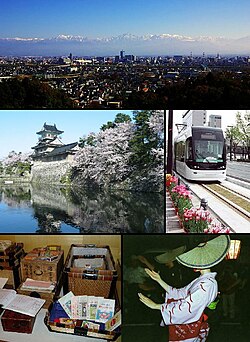 מבט פנורמי על טויאמה, הרכבת הקלה של העיר, טירת טויאמה, אישה בפסטיבל הבון, תרופות מסורתיות
