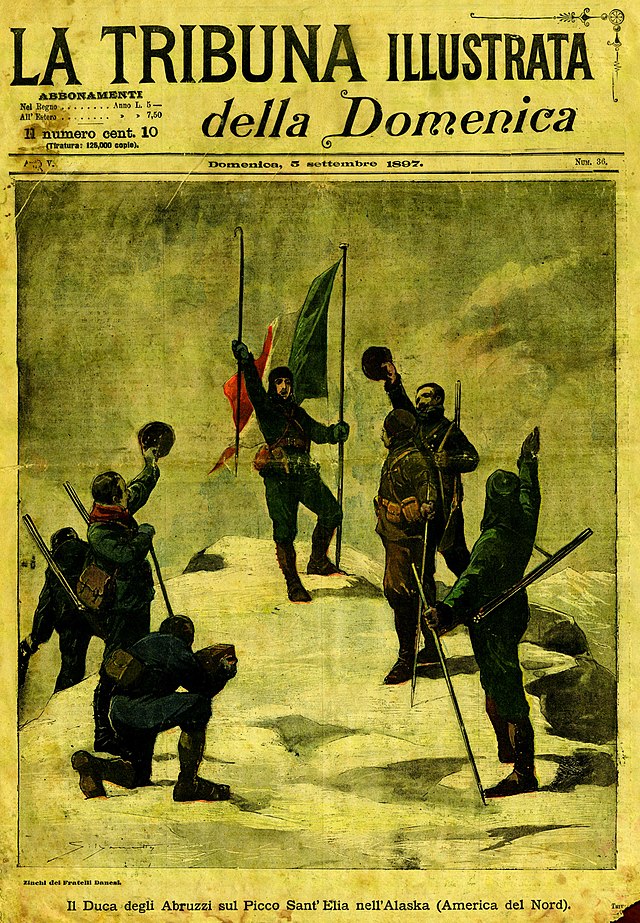 Image sur fond jaune avec au centre un personnage juché sur un sommet enneigé tenant un drapeau tricolore, entouré de chaque côté de trois personnages ; sur le haut, un texte en lettres majuscules.