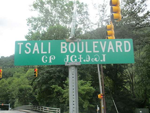 Tsali Boulevard (transcription: ᏣᎵ ᏧᏩᏐᎯᏍᏗ – "tsali tsuwasohisdi") in Cherokee, North Carolina