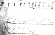 Erste Strophe des Johannes-Hymnus Ut queant laxis. Diastematische Darstellung mit Tonbuchstaben über dem Text und Solmisationssilben am Rand.