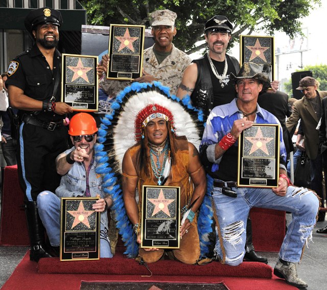 Village People receive their star on the Hollywood Walk of Fame in 2008. Left to right – front row: David Hodo, Felipe Rose, Jeff Olson / back row: Ra