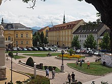 A square in front of the Stadttheater Klagenfurt in central Klagenfurt