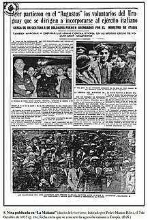 3 October 1935 issue of "La Manana", reporting about 100 Uruguayan volunteers sent by the government to join the Italian invasion of Ethiopia. Voluntariosuruguayos1935.jpg