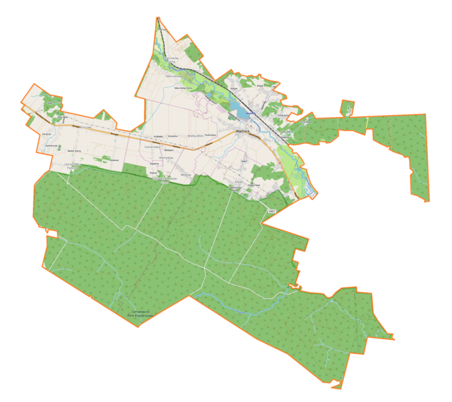 Mapa konturowa gminy Wąchock, blisko centrum u góry znajduje się punkt z opisem „Wąchock”