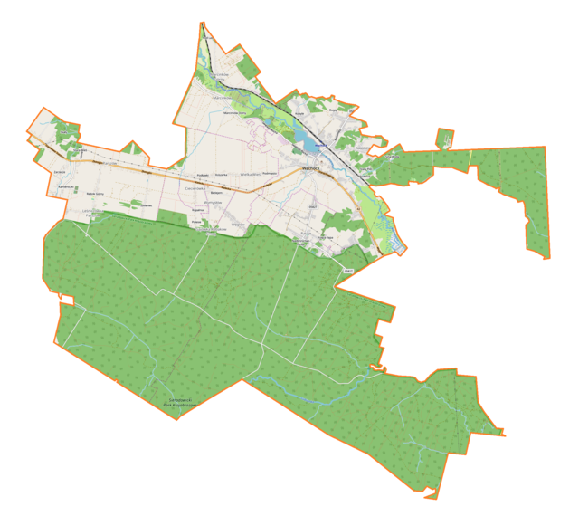 Mapa konturowa gminy Wąchock, blisko centrum u góry znajduje się punkt z opisem „Kościół Świętego Floriana i Wniebowzięcia Najświętszej Maryi Panny”