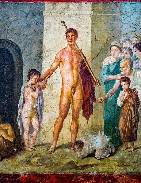 Theseus after having slain the Minotaur, freeing captive Athenian boys; Cretans approaching to marvel the scene, Antique fresco from Pompeii