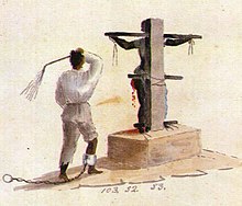 Negro no pelourinho ("Black at Pelourinho"), Herrmann Wendroth's record in Rio Grande do Sul in 1851 Wendroth - Preto chicoteando outro, crucificado em pelourinho.jpg