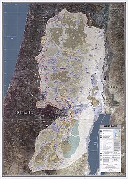 Mapa da Cisjordânia que está sob tutela da Administração Civil.  Israel encerrou o exercício de autoridade sobre a Faixa de Gaza em 2005.