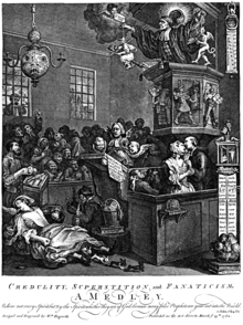 A chapel full of people, many of whom hold small ghostly idols. A woman lies on the floor, rabbits leaping from under her skirts. A preacher stands in the pulpit, preaching to his congregation. On the right of the image, a large thermometer is capped by an idol of a ghost.