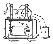 Funkeninduktor von William Sturgeon, 1837, mit einem Zahnrad zur Steuerung des Unterbrecherkontaktes