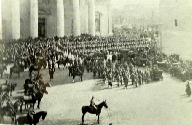 Victory parade of Polish Army in Wilno (Vilnius) Cathedral Square, in April 1919