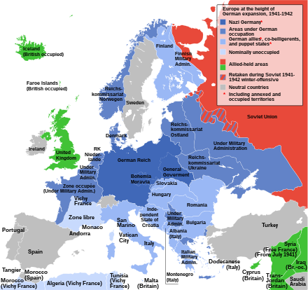 German-occupied Europe at the height of the Axis conquests in 1942